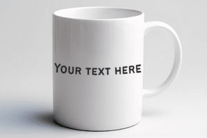 Image of a white customizable mug with the words "Your text here" on the front