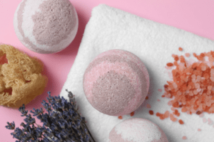 Close-up image of bath bombs on a towel