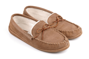 Image of tan leather fleece-lined house slippers