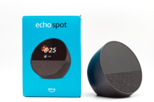Image of the Echo Spot smart speaker and its box